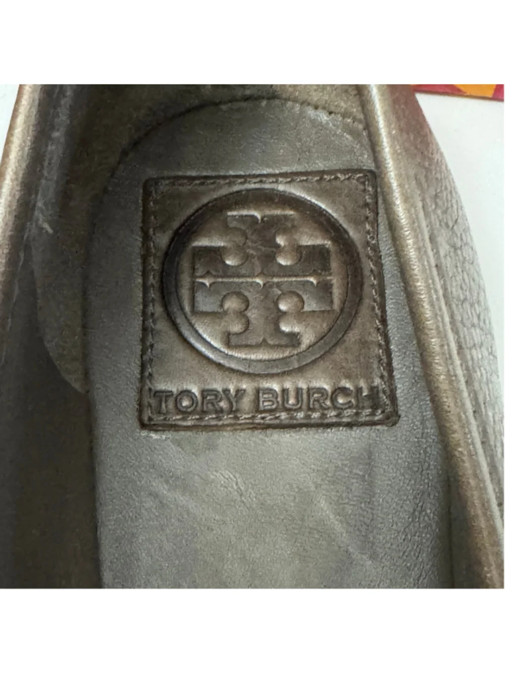Tory Burch Reva Metallic Taupe Leather Logo Ballet Flats Gold Hardware 9.5M